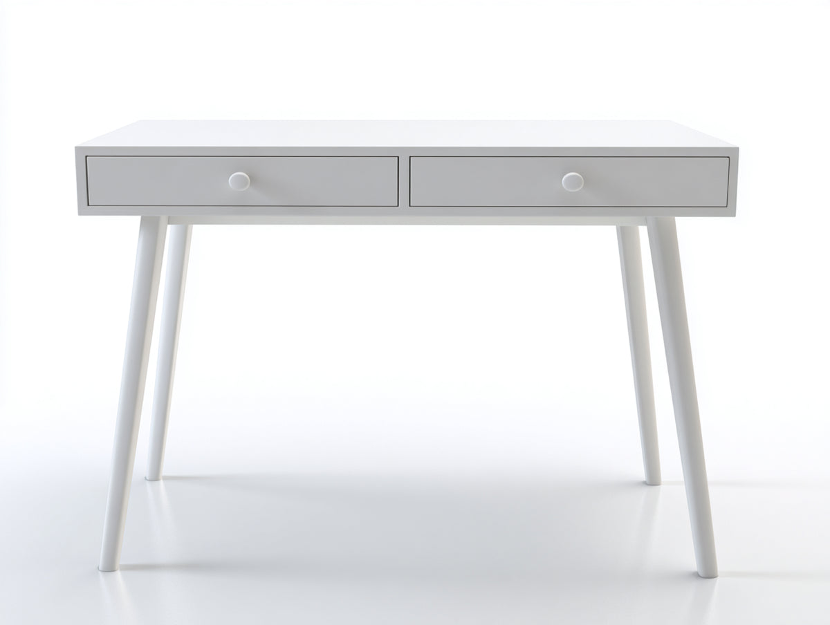 Schreibtisch-Holz-110×55×76 cm-Weiß-minimalistisches Design mit schrägen Beinen fürs Arbeitszimmer