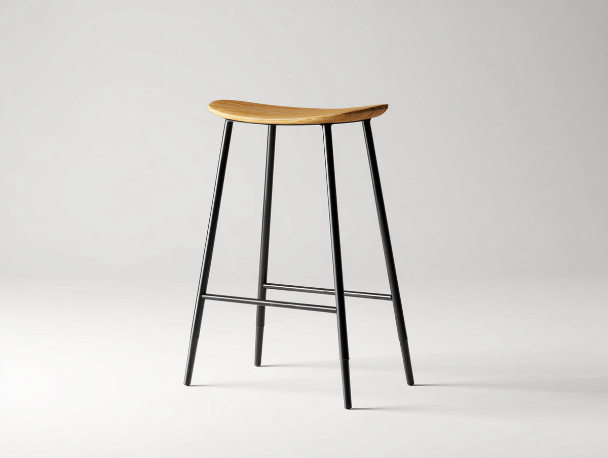Barhocker-Holz-Metall-50×46×79 cm-Natur/Schwarz-breiter Formsitz mit umlaufender Fußstütze für Hausbar
