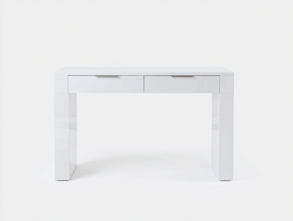 Schreibtisch-Holzwerkstoff-120×55×76 cm-Weiß Silber Hochglanz-zwei Schubladen fürs Arbeitszimmer