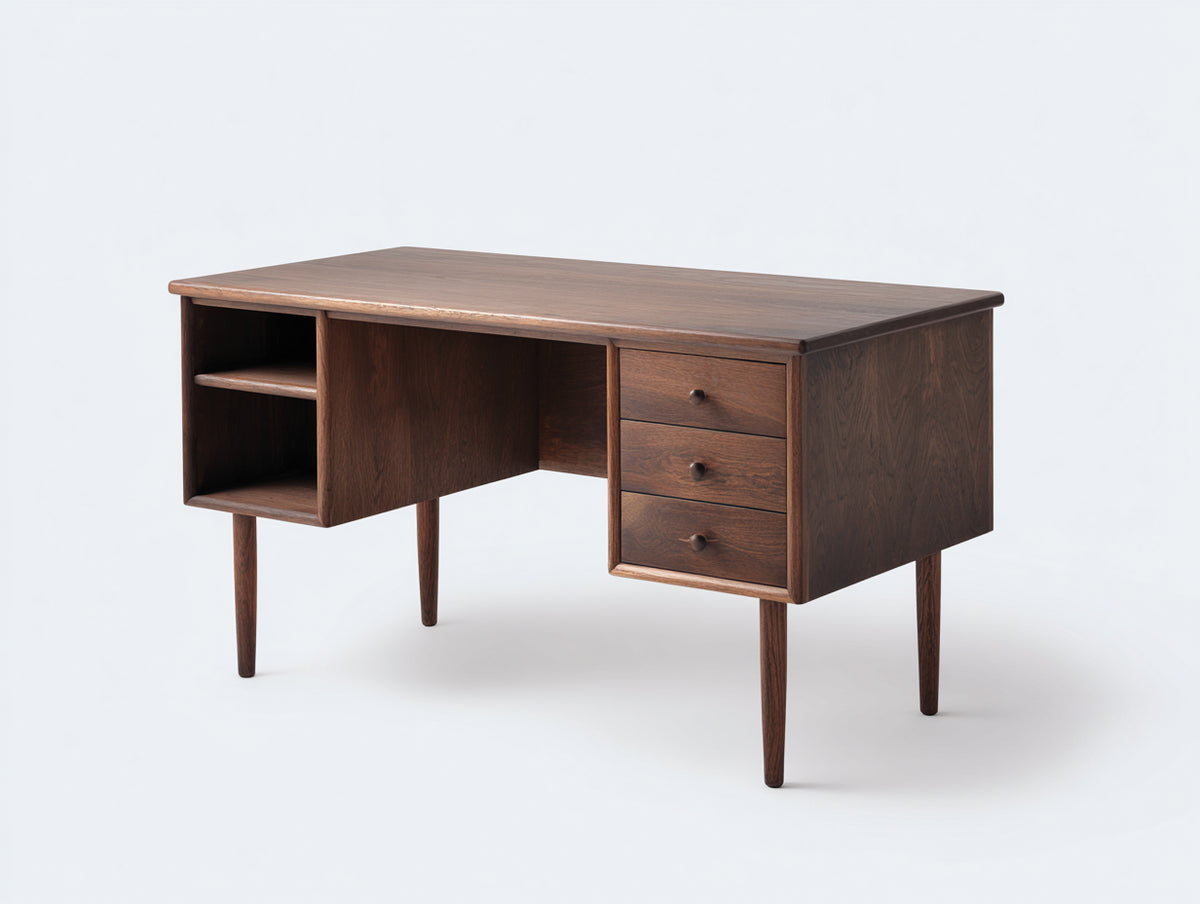 Schreibtisch-Holz-140×65×76 cm-Dunkelbraun-drei Schubladen und offenes Seitenfach fürs Arbeitszimmer