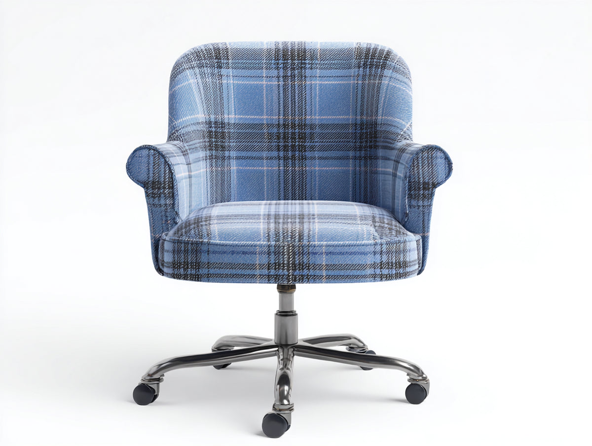 Computerstuhl-Karostoff-Metall-68×66×86 cm-Blau/Grau/Schwarz-gerollte Armlehnen fürs Arbeitszimmer