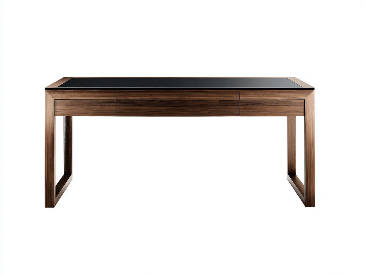 Schreibtisch-Holz-Glas-140×65×76 cm-Dunkelbraun/Schwarz-grifflose Schubladen fürs Arbeitszimmer